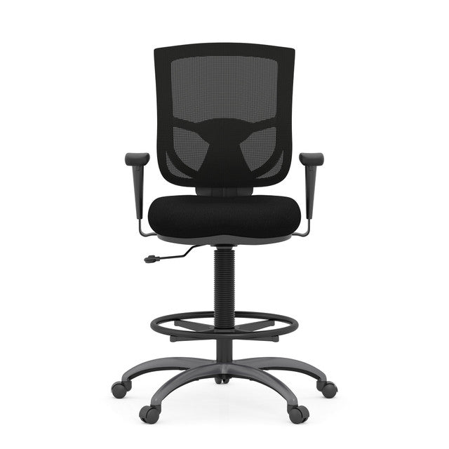 OfficeSource | CoolMesh Pro Collection | Mesh Back Task Stool with Adjustable Arms, Upholstered Seat, Footring and Black Base