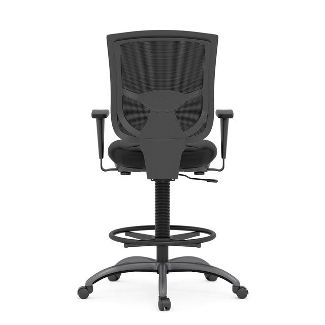 OfficeSource | CoolMesh Pro Collection | Mesh Back Task Stool with Adjustable Arms, Upholstered Leather Seat, Footring and Black Base