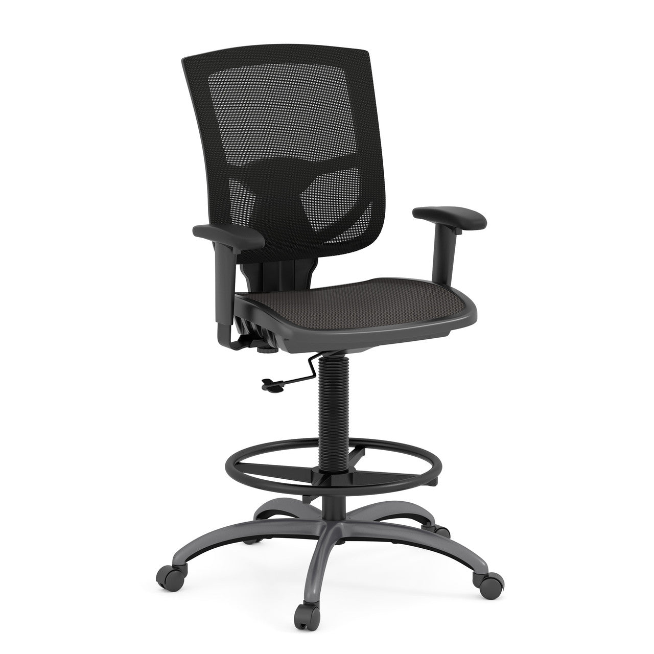 OfficeSource | CoolMesh Pro Collection | All Mesh Task Stool with Adjustable Arms and Footring with Black Frame