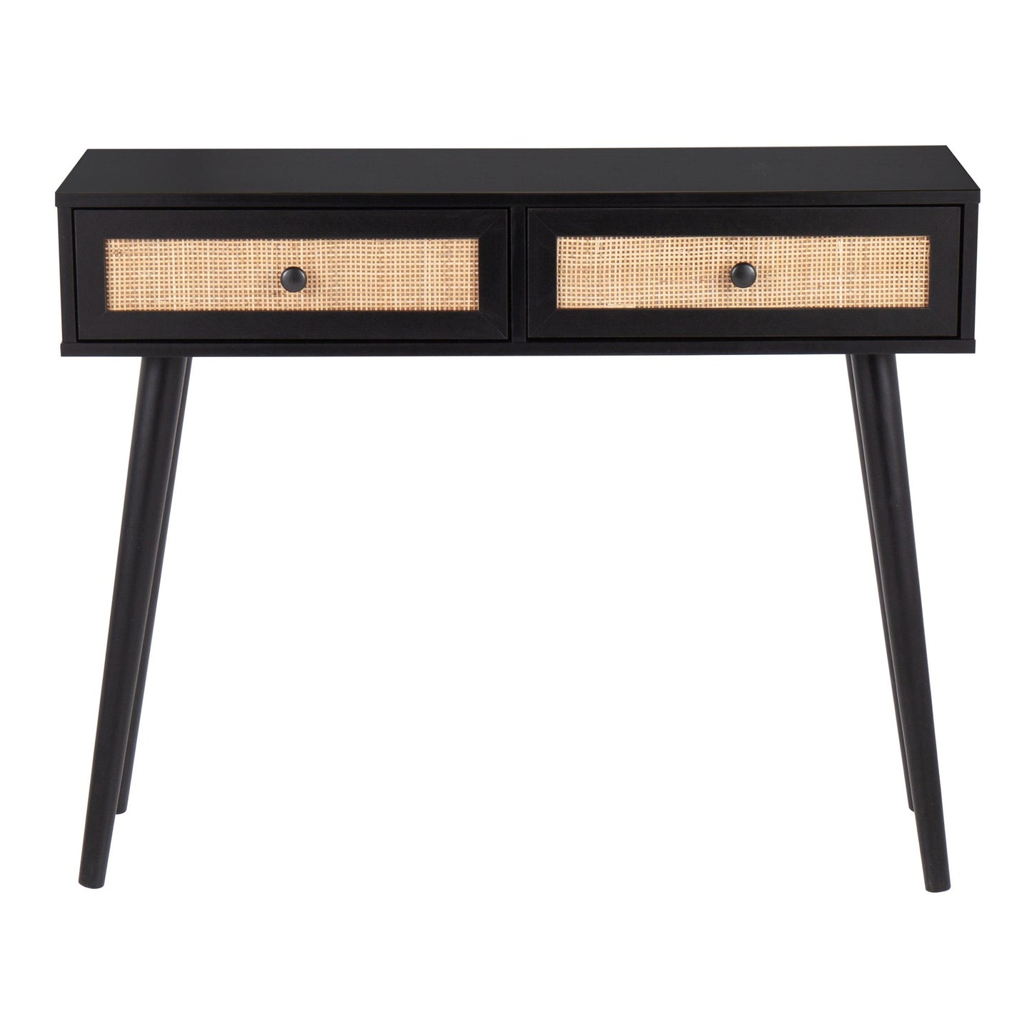 Bora Bora Contemporary Console Table in Black Wood with Rattan Accents