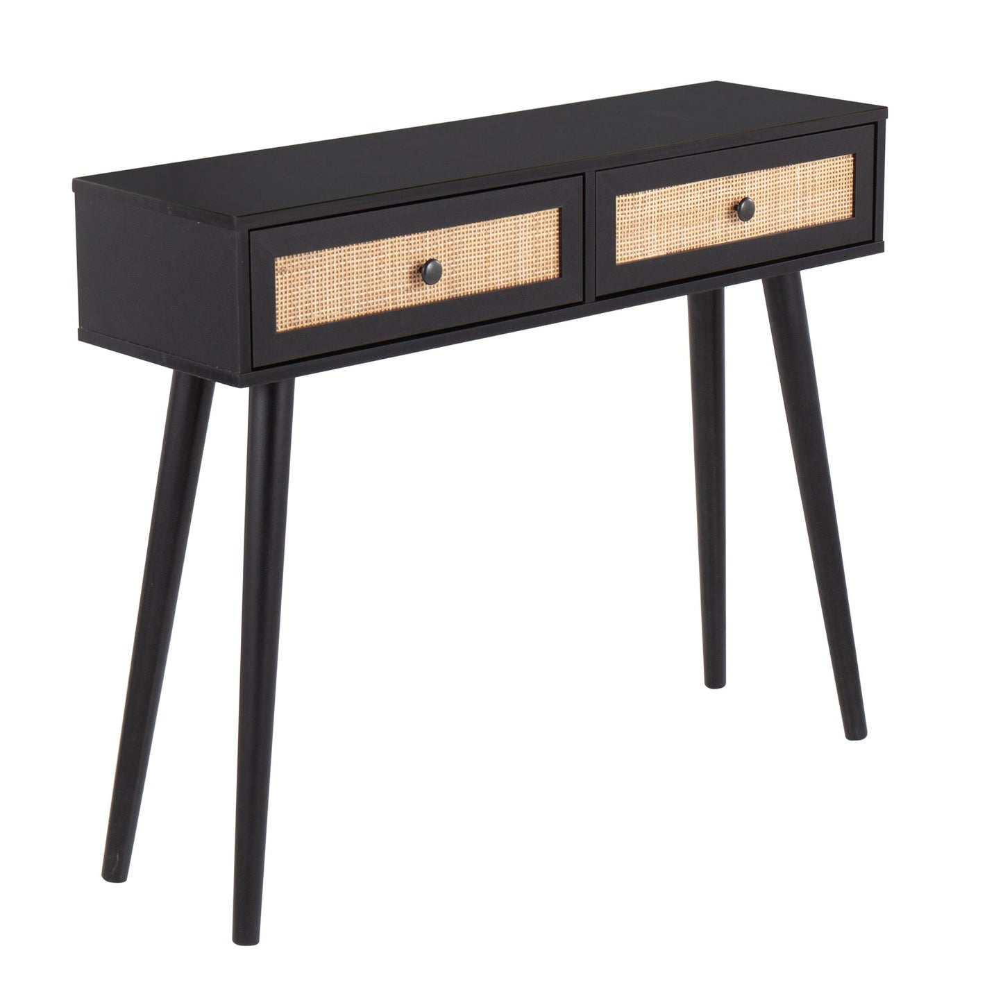 Bora Bora Contemporary Console Table in Black Wood with Rattan Accents