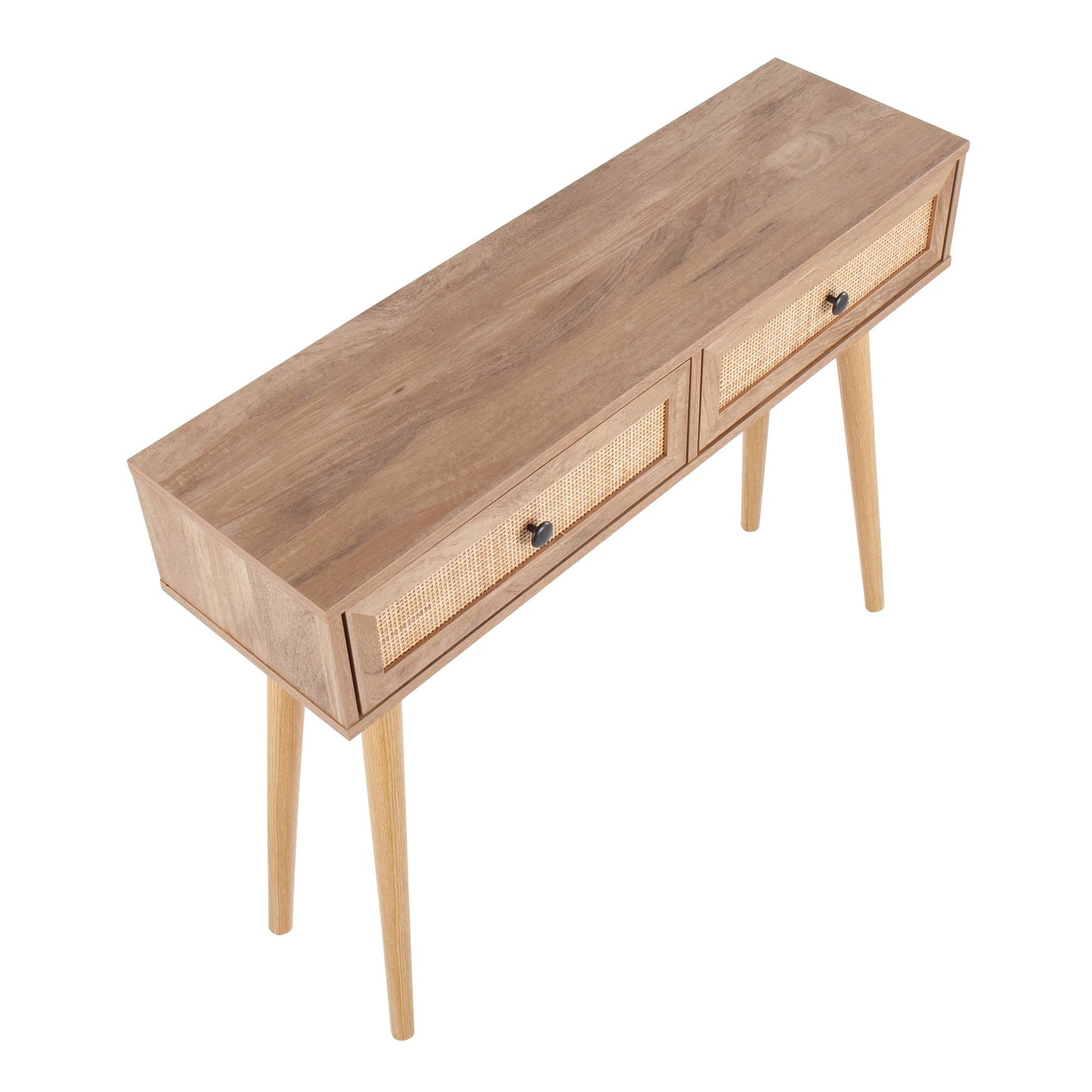 Bora Bora Contemporary Console Table in Black Wood with Rattan Accents