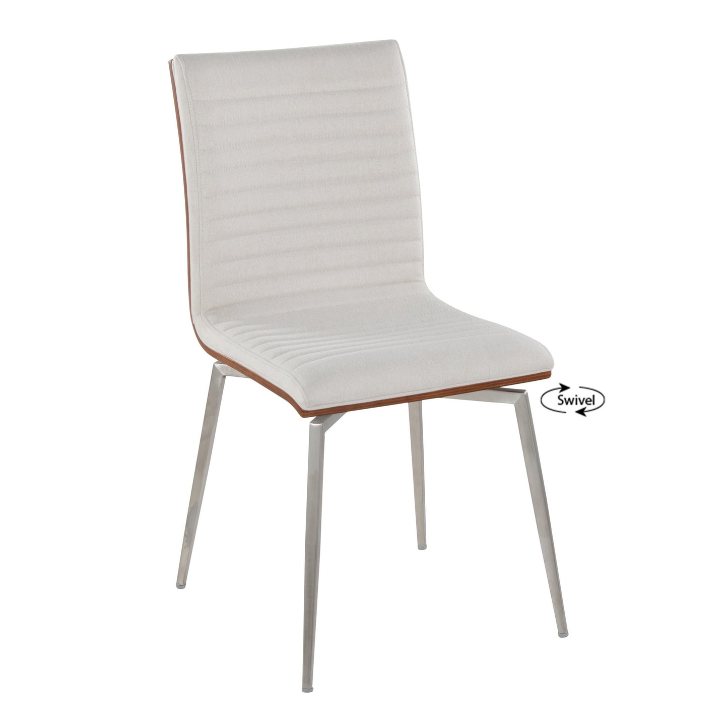 Majestic Office Furniture Contemporary Dining/Accent Chair with Swivel in Stainless Steel, Walnut Wood, and Cream Fabric - Set of 2