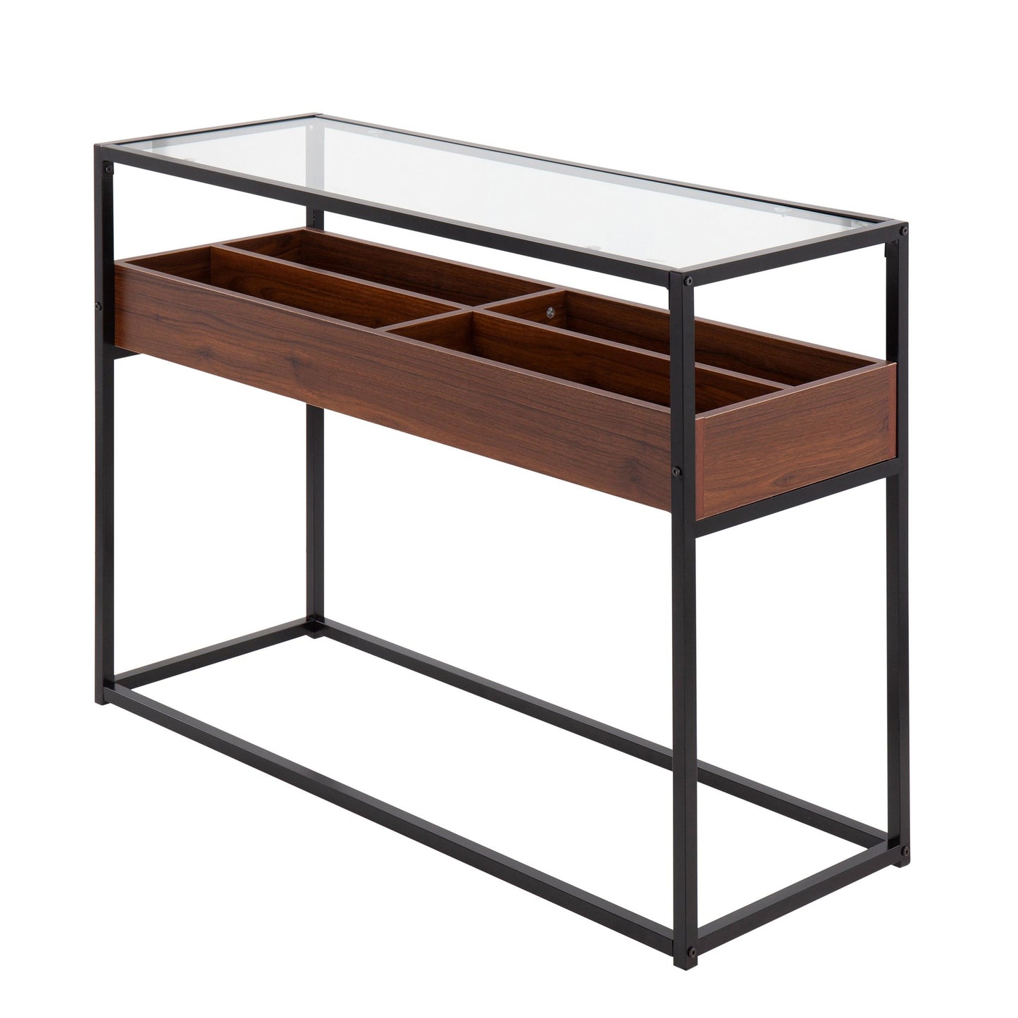 Display Contemporary Console Table in Black Metal, Walnut Wood, and Clear Glass