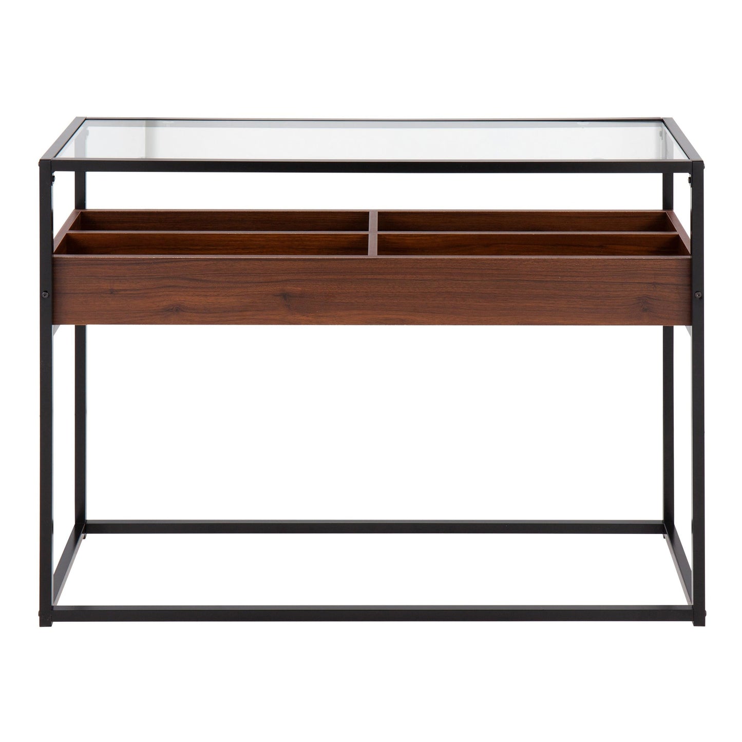 Display Contemporary Console Table in Black Metal, Walnut Wood, and Clear Glass