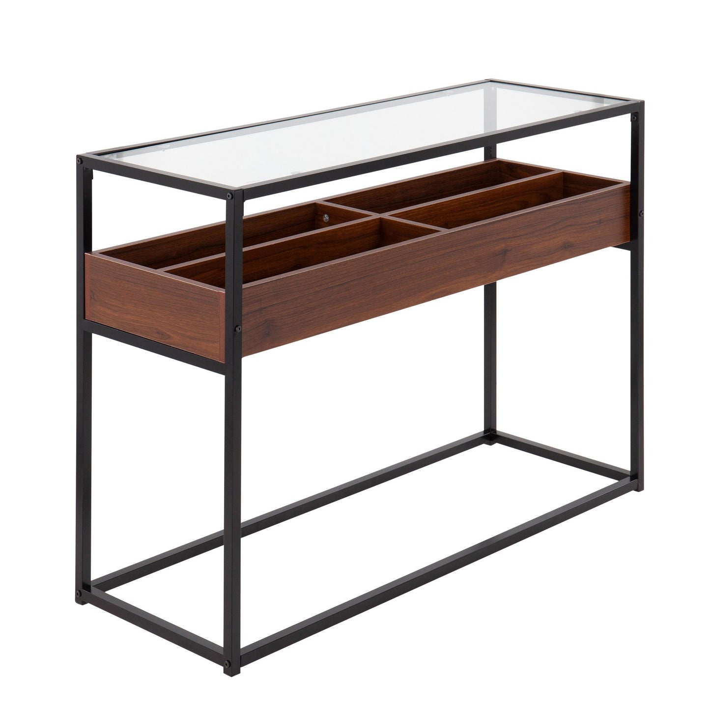 Display Contemporary Console Table in Black Metal, Walnut Wood, and Clear Glass