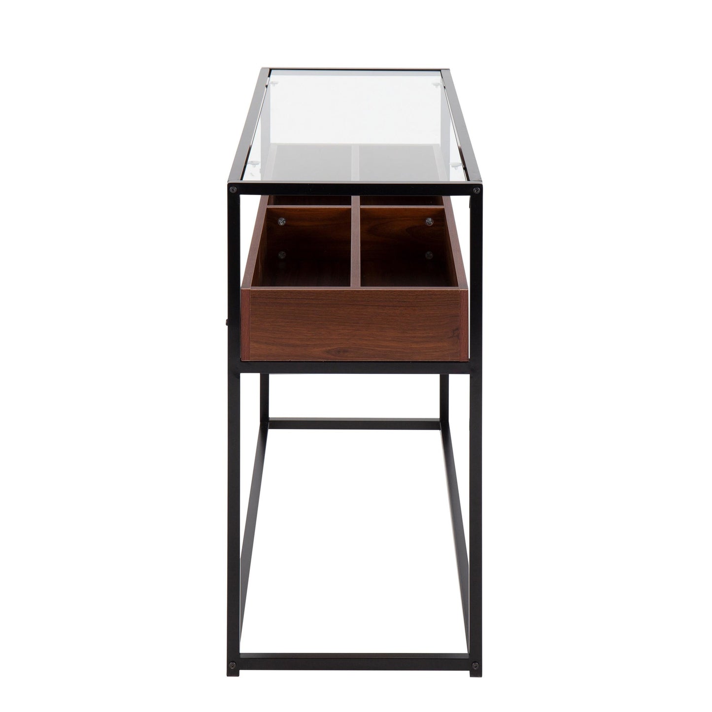 Display Contemporary Console Table in Black Metal, Walnut Wood, and Clear Glass