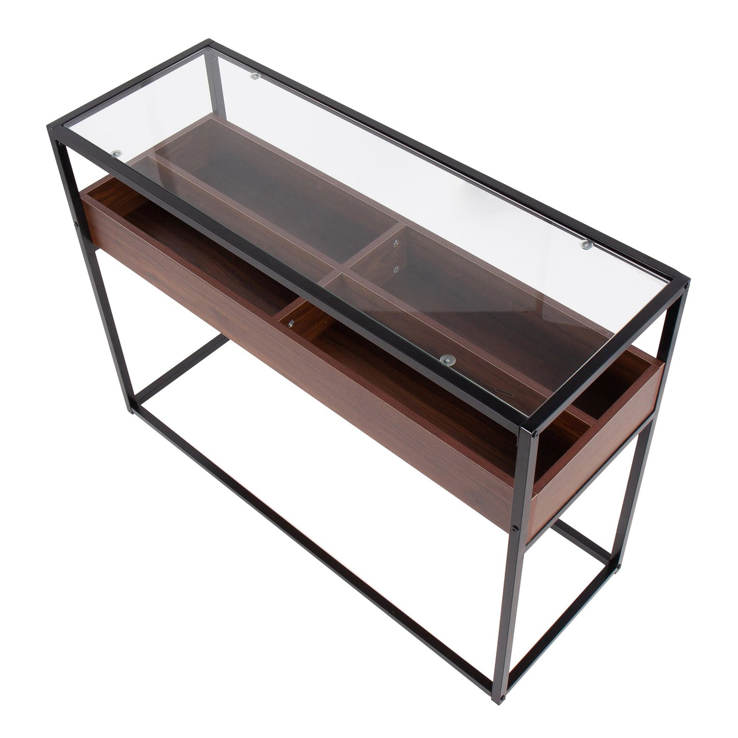 Display Contemporary Console Table in Black Metal, Walnut Wood, and Clear Glass