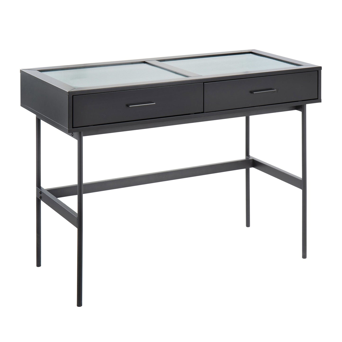Majestic Office Furniture Contemporary Console Table in Black Wood, Black Steel, and Glass Top