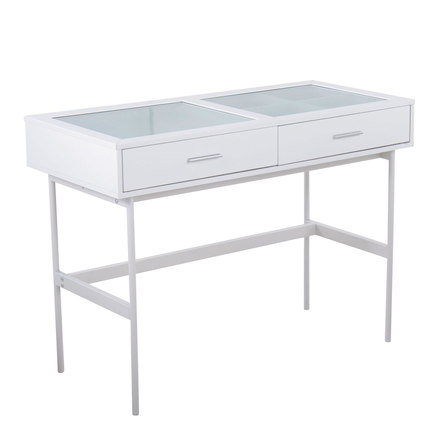 Emery Contemporary Console Table in White Wood, White Steel, and Glass Top