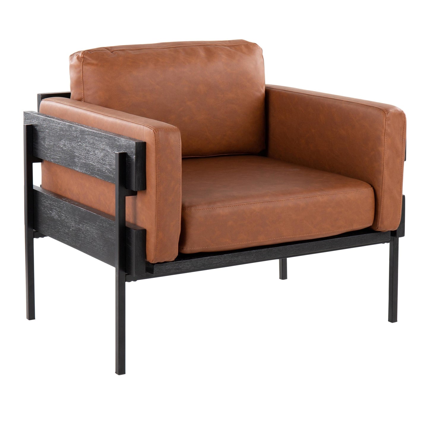 Majestic Office Furniture Farmhouse Accent Chair in Black Metal, Grey Wood, and Black Faux Leather