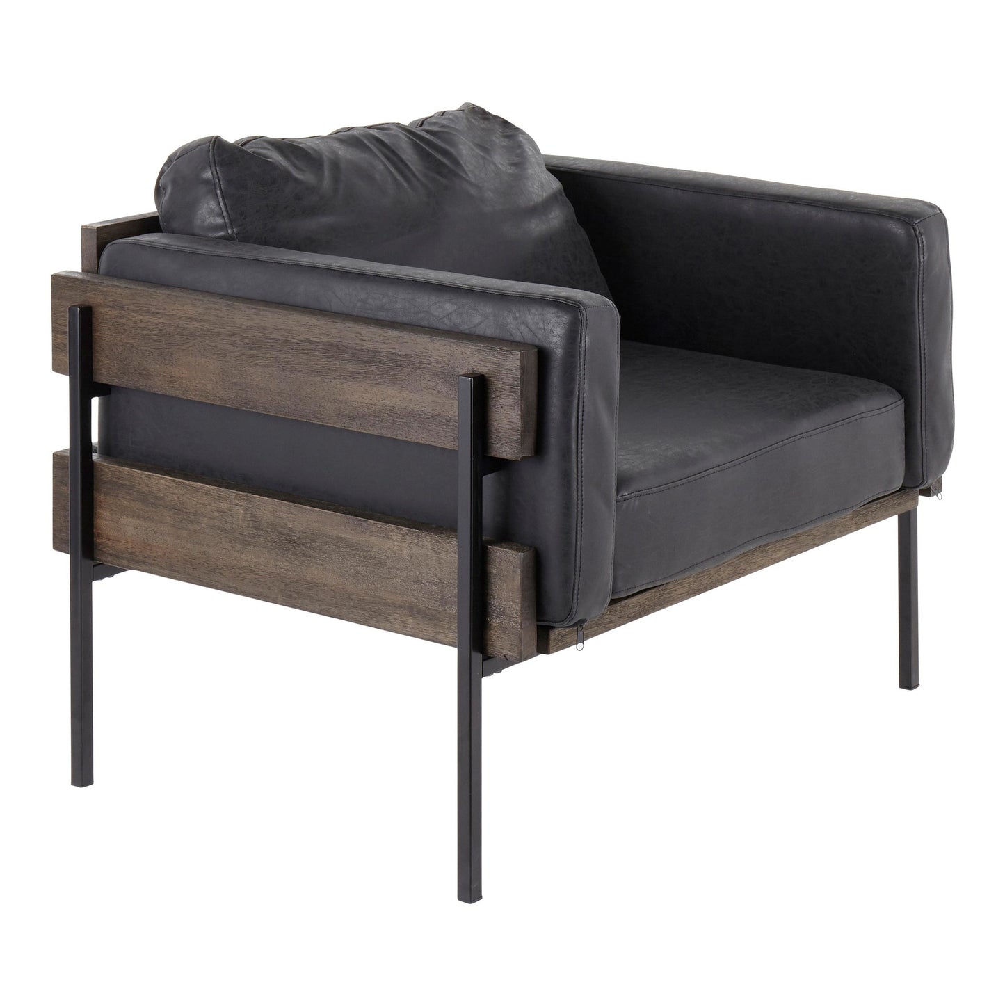 Majestic Office Furniture Farmhouse Accent Chair in Black Metal, Grey Wood, and Black Faux Leather