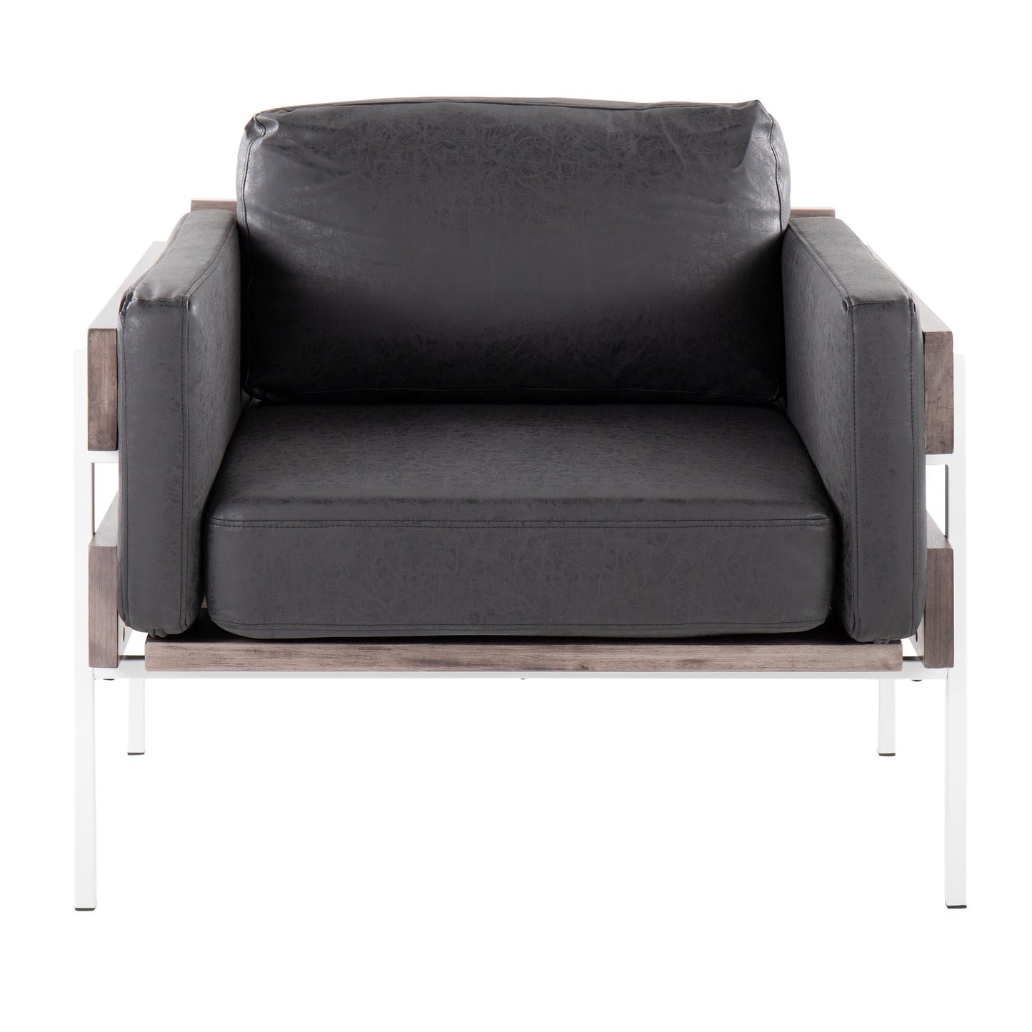 Majestic Office Furniture Farmhouse Accent Chair in Black Metal, Grey Wood, and Black Faux Leather