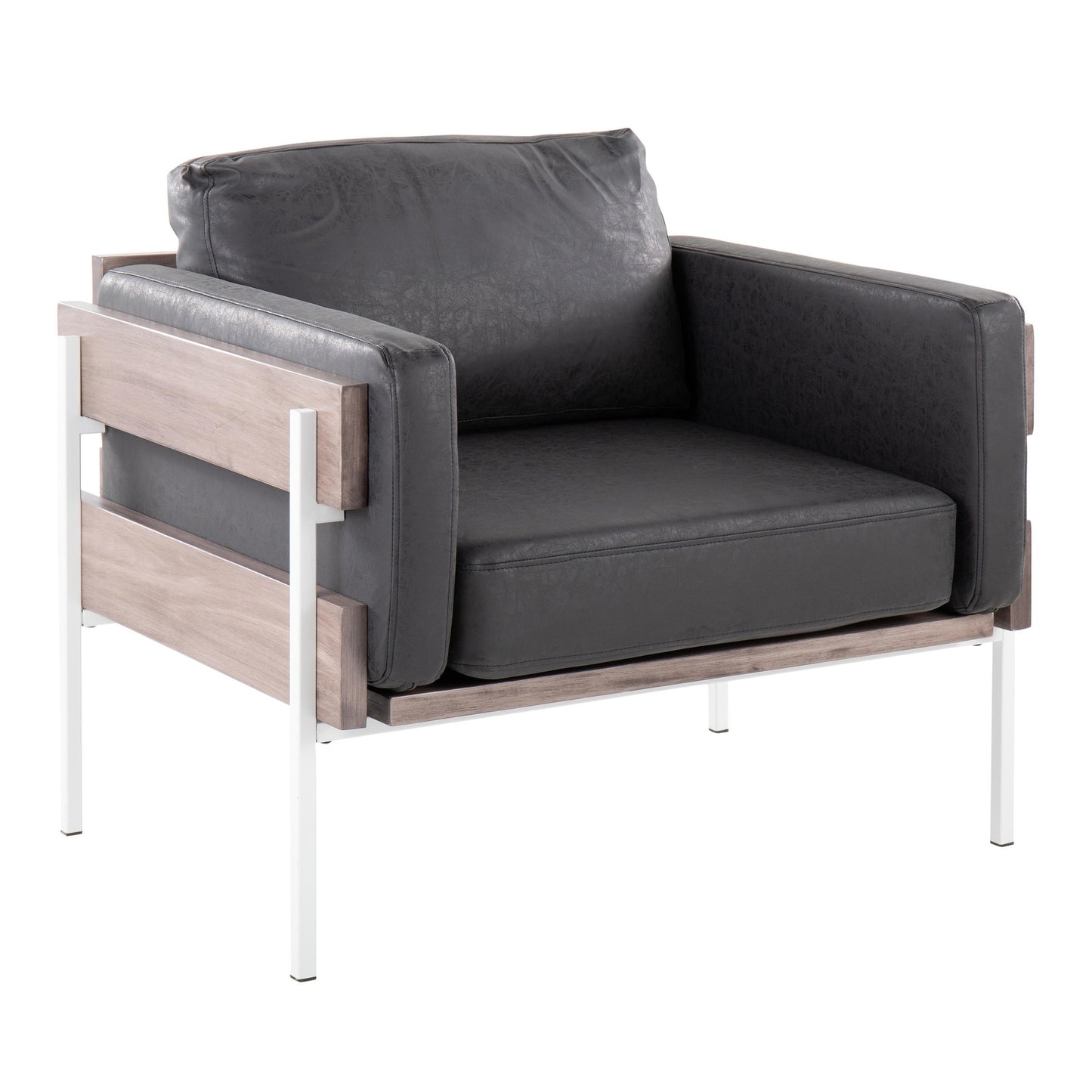 Majestic Office Furniture Farmhouse Accent Chair in Black Metal, Grey Wood, and Black Faux Leather