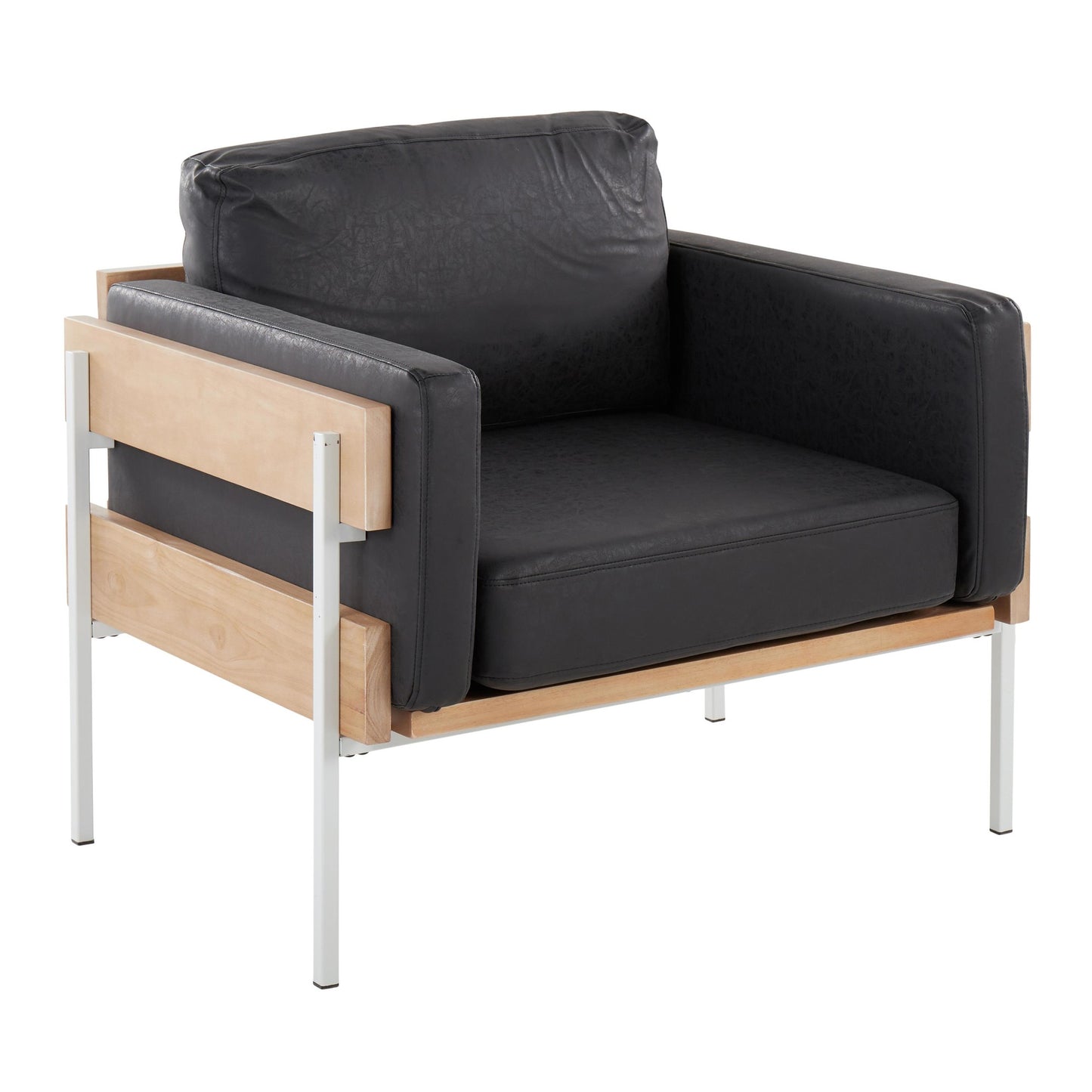Majestic Office Furniture Farmhouse Accent Chair in Black Metal, Grey Wood, and Black Faux Leather