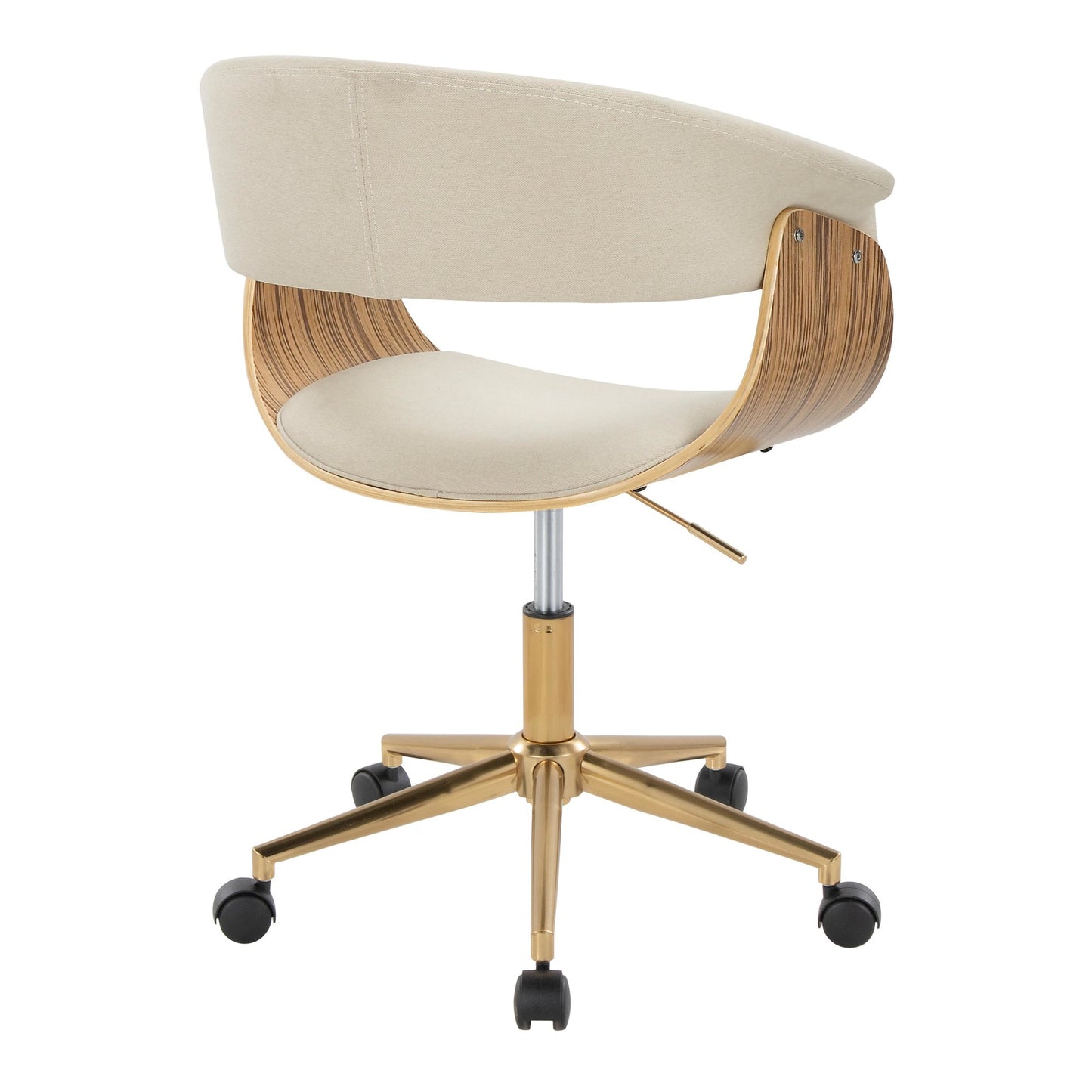 Majestic Office Furniture Mod Mid-Century Modern Office Chair in Gold Metal, Zebra Wood and Cream Fabric