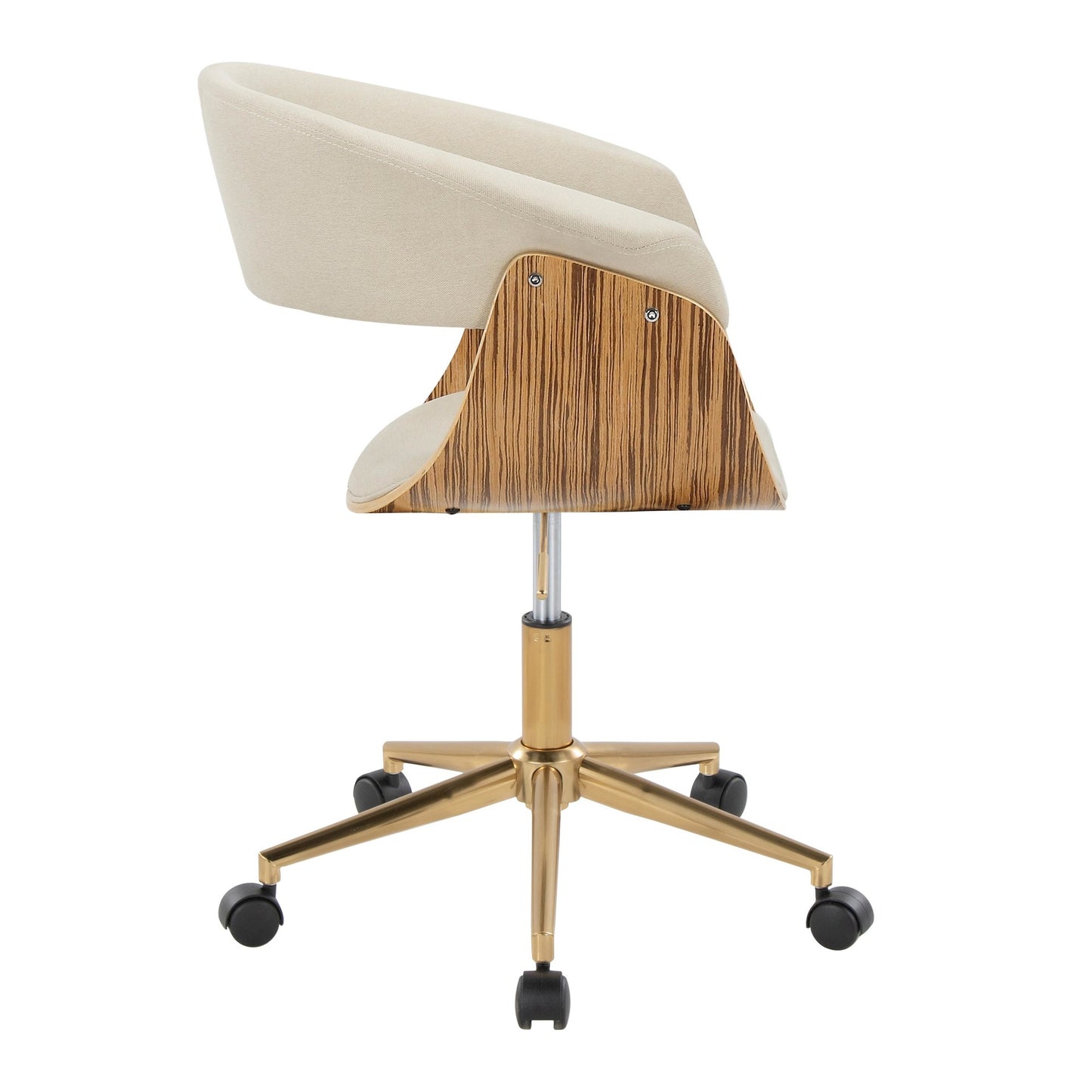 Majestic Office Furniture Mod Mid-Century Modern Office Chair in Gold Metal, Zebra Wood and Cream Fabric