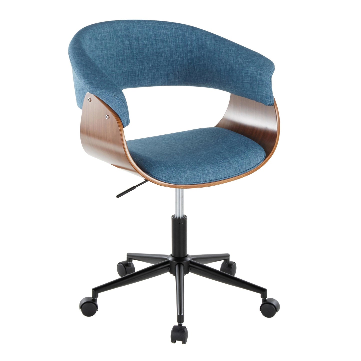 Majestic Office Furniture Mod Mid-Century Modern Office Chair in Black Metal, Walnut Wood and Blue Fabric