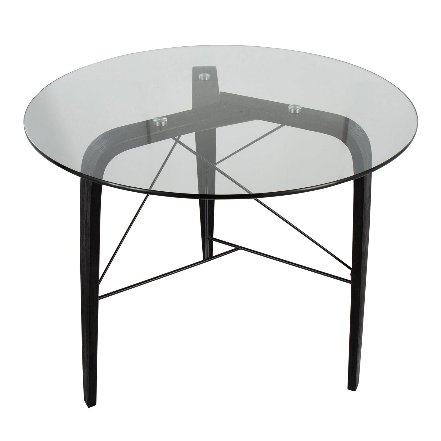 Majestic Office Furniture Mid-Century Modern Round Dinette Table in Black Wood with Clear Glass Top