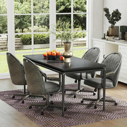Chromcraft Douglas D7775 Casual Dining Chair Caster Swivel Tilt Fabric Dinning Chair in Seagray Wood and Gray Metal Finish