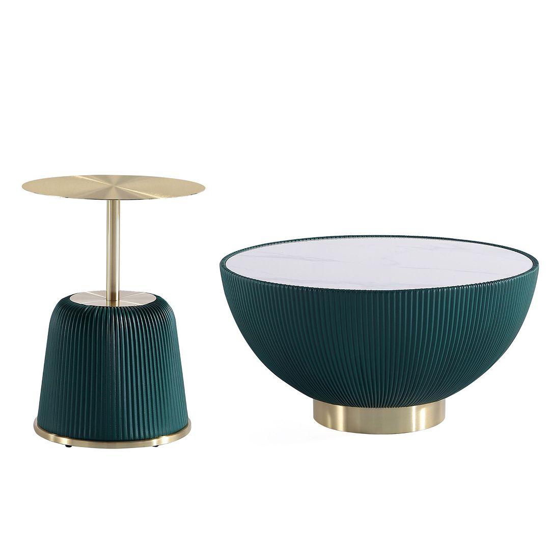 Manhattan Comfort Modern Anderson Coffee Table and End Table 1.0 Upholstered Leatherette with Ceramic Faux Tabletop and Gold Metal Tabletop- Set of 2