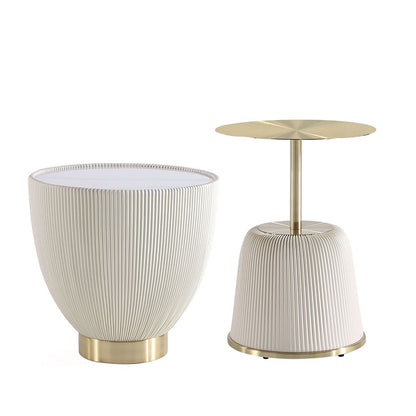 Manhattan Comfort Modern Anderson End Table 1.0 and End Table 2.0 Upholstered in Cream and Grey Leatherette with Ceramic Faux Tabletop and Gold Metal Tabletop- Set of 2