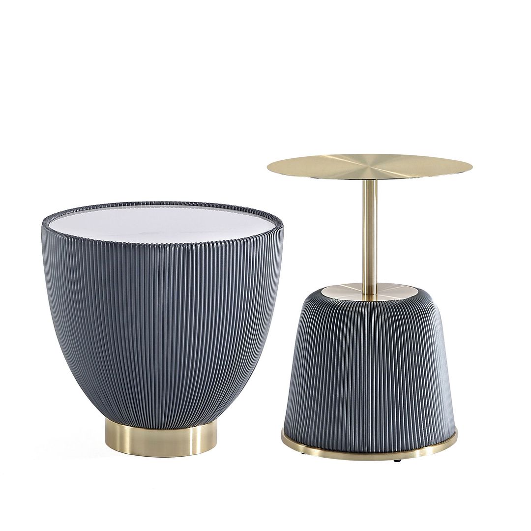 Manhattan Comfort Modern Anderson End Table 1.0 and End Table 2.0 Upholstered in Cream and Grey Leatherette with Ceramic Faux Tabletop and Gold Metal Tabletop- Set of 2