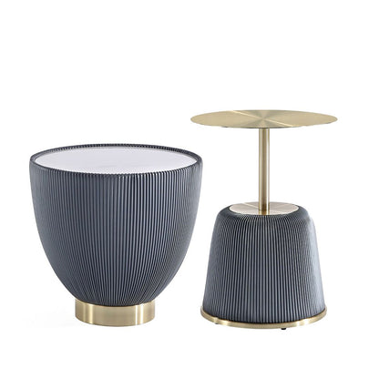 Manhattan Comfort Modern Anderson End Table 1.0 and End Table 2.0 Upholstered in Cream and Grey Leatherette with Ceramic Faux Tabletop and Gold Metal Tabletop- Set of 2