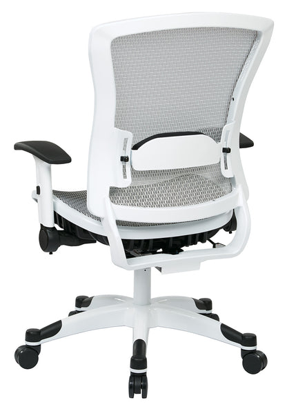 White Frame Manager’s Chair with Breathable Mesh Seat and
Back, Adjustable Padded Flip Arms and Coated Nylon Base