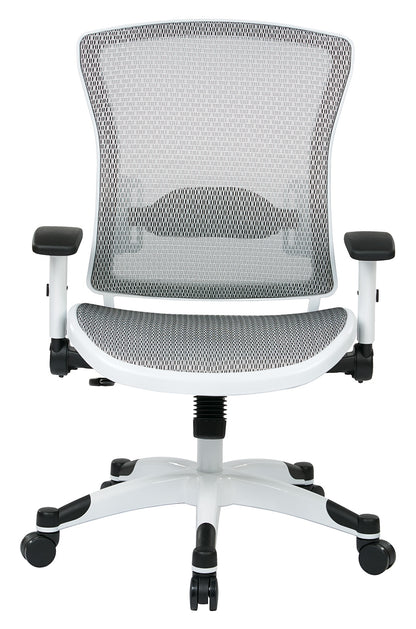 White Frame Manager’s Chair with Breathable Mesh Seat and
Back, Adjustable Padded Flip Arms and Coated Nylon Base