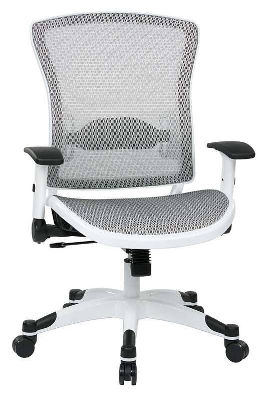 White Frame Manager’s Chair with Breathable Mesh Seat and
Back, Adjustable Padded Flip Arms and Coated Nylon Base