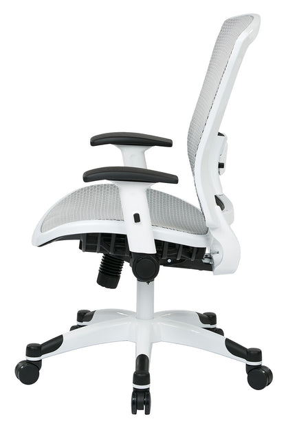 White Frame Manager’s Chair with Breathable Mesh Seat and
Back, Adjustable Padded Flip Arms and Coated Nylon Base