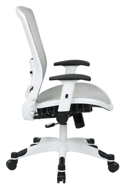 White Frame Manager’s Chair with Breathable Mesh Seat and
Back, Adjustable Padded Flip Arms and Coated Nylon Base