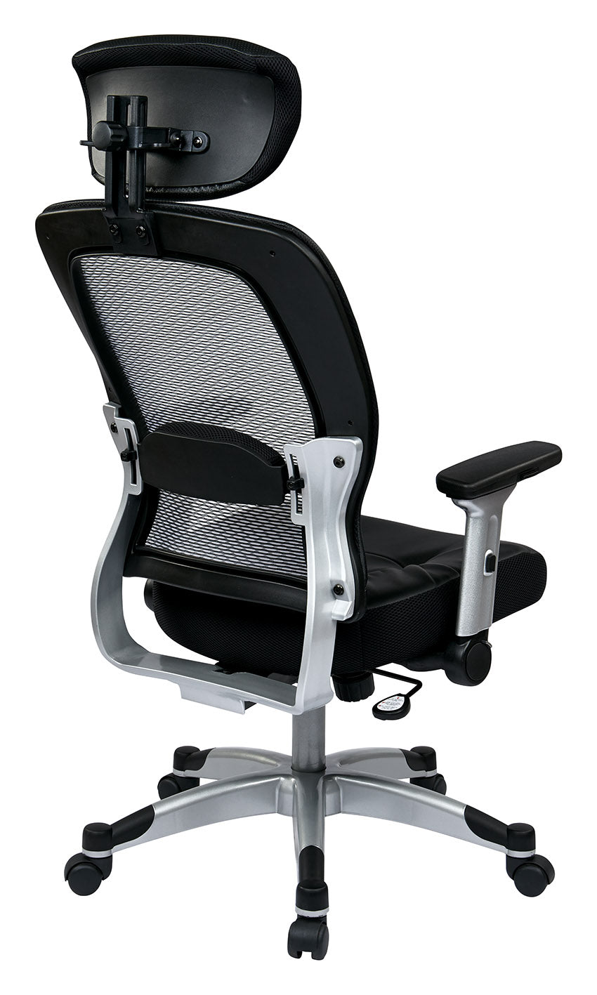 Light Air Grid® Back Chair with Padded Bonded Leather Seat,4-Way Adjustable Flip Arms, Adjustable/Optional Headrest and Platinum Coated Nylon Base