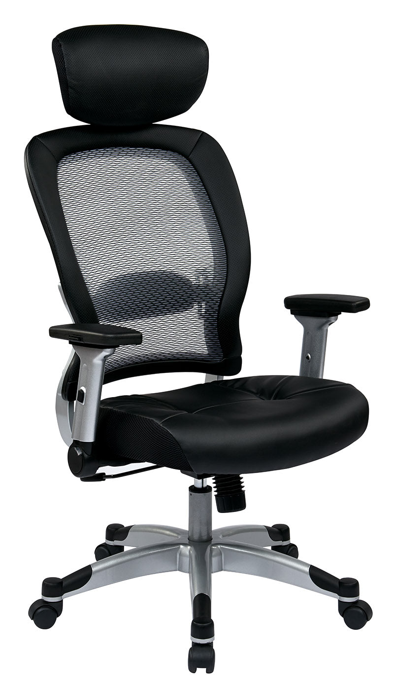 Light Air Grid® Back Chair with Padded Bonded Leather Seat,4-Way Adjustable Flip Arms, Adjustable/Optional Headrest and Platinum Coated Nylon Base