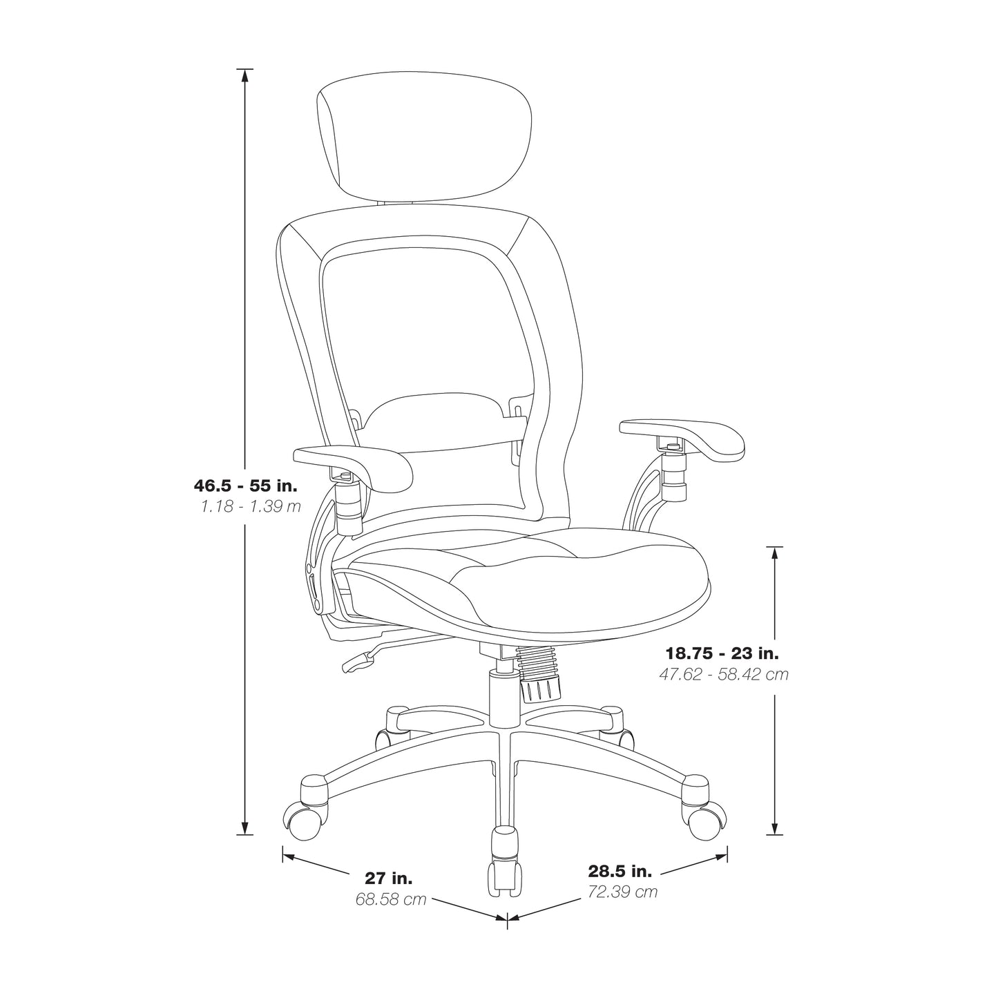 Light Air Grid® Back Executive Chair with Black Top Grain Leather Seat,
Adjustable Headrest, Adjustable Lumbar and Platinum Finish Base