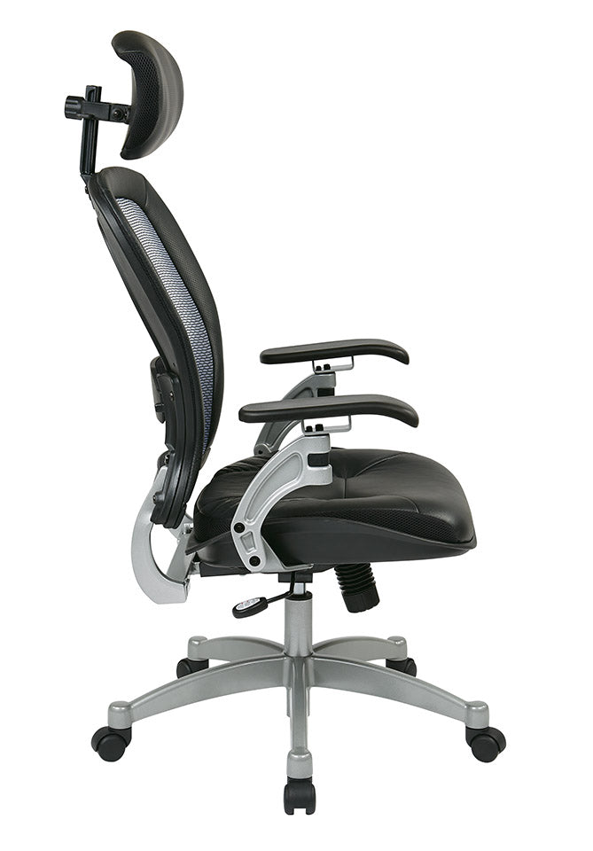 Light Air Grid® Back Executive Chair with Black Top Grain Leather Seat,
Adjustable Headrest, Adjustable Lumbar and Platinum Finish Base