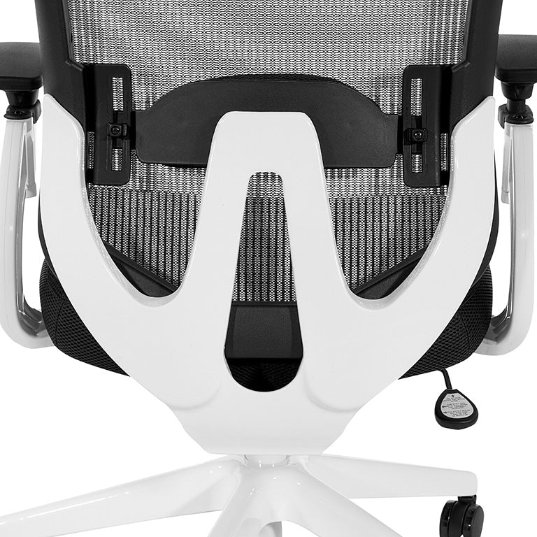 White Vertical Mesh Back Chair with Height Adjustable Lumbar
Support, Black Mesh Seat, Height Adjustable Padded Arms and White Angled Nylon Base