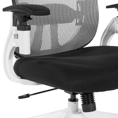 White Vertical Mesh Back Chair with Height Adjustable Lumbar
Support, Black Mesh Seat, Height Adjustable Padded Arms and White Angled Nylon Base