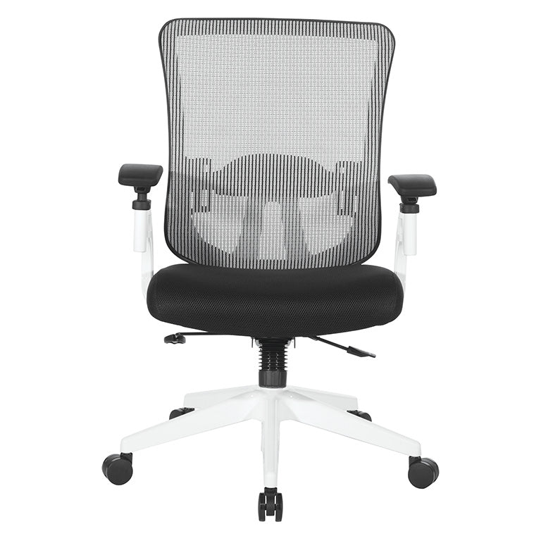 White Vertical Mesh Back Chair with Height Adjustable Lumbar
Support, Black Mesh Seat, Height Adjustable Padded Arms and White Angled Nylon Base