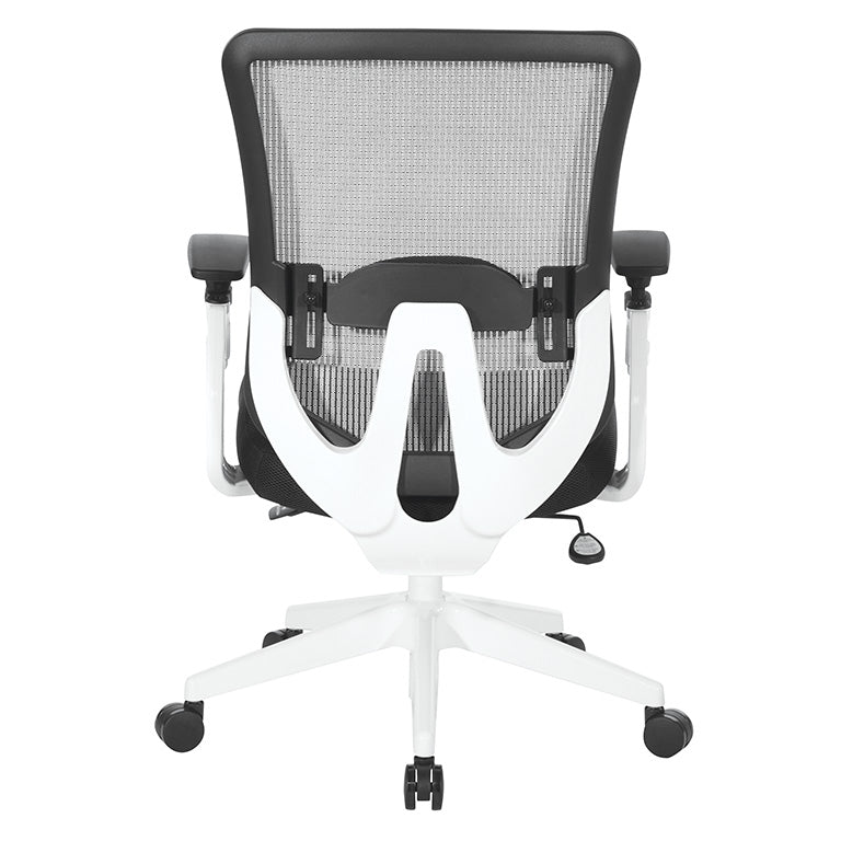 White Vertical Mesh Back Chair with Height Adjustable Lumbar
Support, Black Mesh Seat, Height Adjustable Padded Arms and White Angled Nylon Base