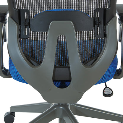 Grey Vertical Mesh Back Chair with Height Adjustable Lumbar Support,
Blue Fabric Seat, Height Adjustable Padded Arms and Graphite Angled Nylon Base