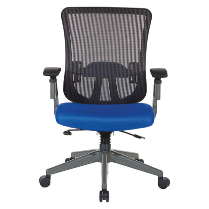 Grey Vertical Mesh Back Chair with Height Adjustable Lumbar Support,
Blue Fabric Seat, Height Adjustable Padded Arms and Graphite Angled Nylon Base