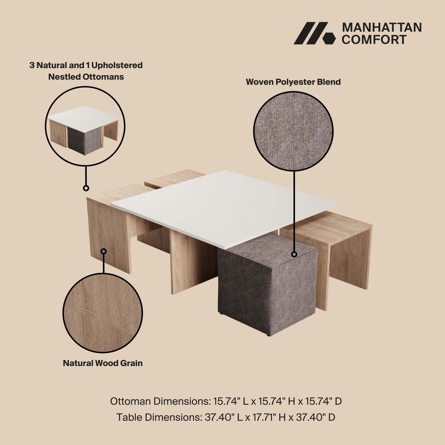 Manhattan Comfort Haley Coffee Table and Ottoman Set