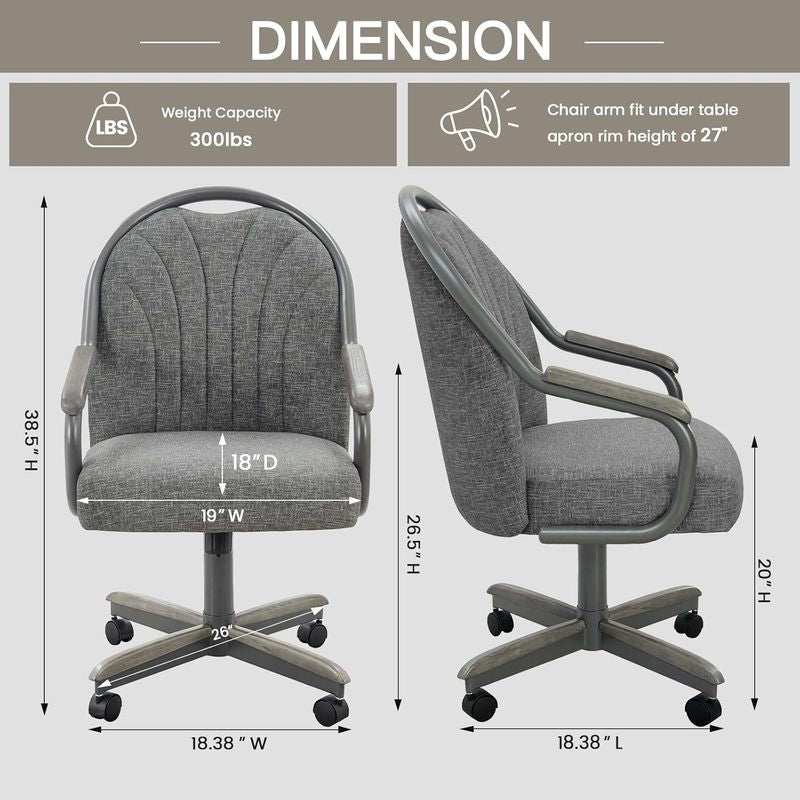 Chromcraft Douglas D7775 Casual Dining Chair Caster Swivel Tilt Fabric Dinning Chair in Seagray Wood and Gray Metal Finish