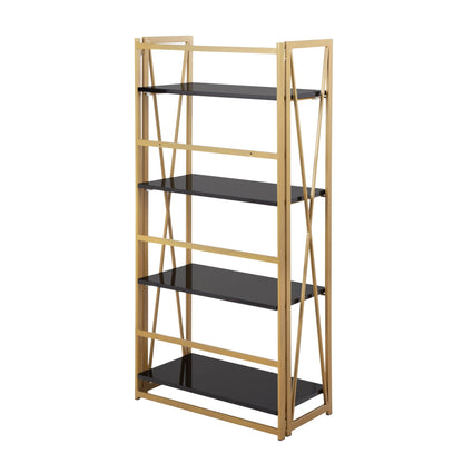 Folia Contemporary Bookcase in Gold Metal, Black and White Wood