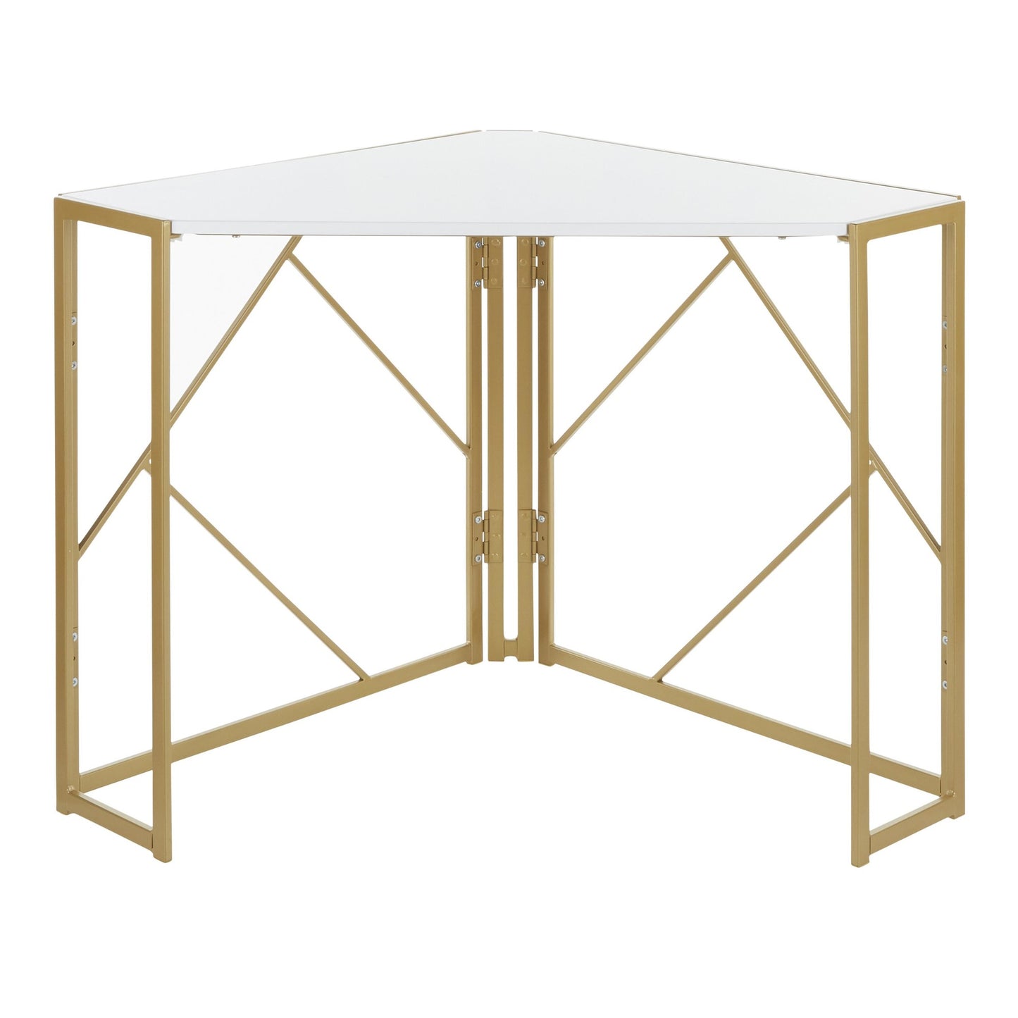 Folia Contemporary Corner Desk in Gold Metal and White Wood