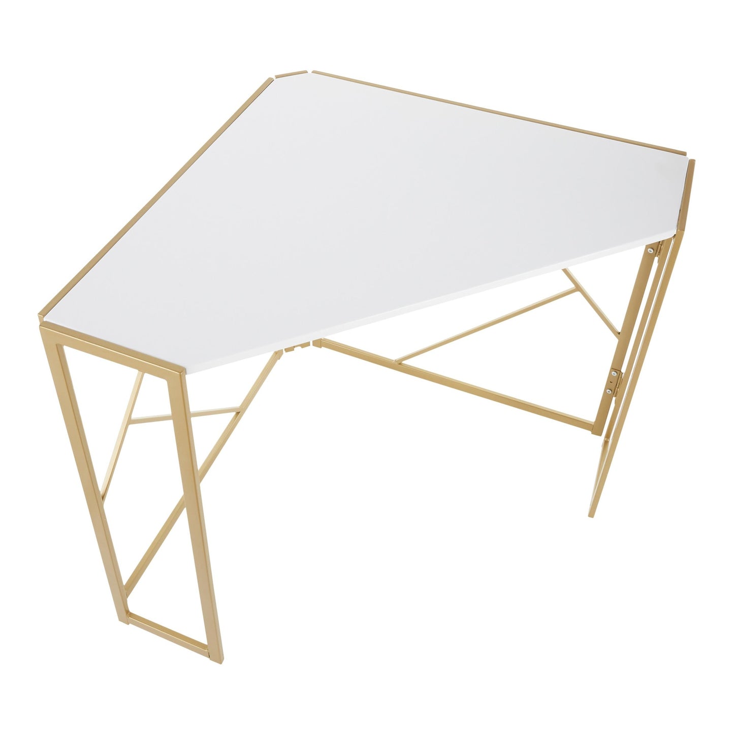 Folia Contemporary Corner Desk in Gold Metal and White Wood