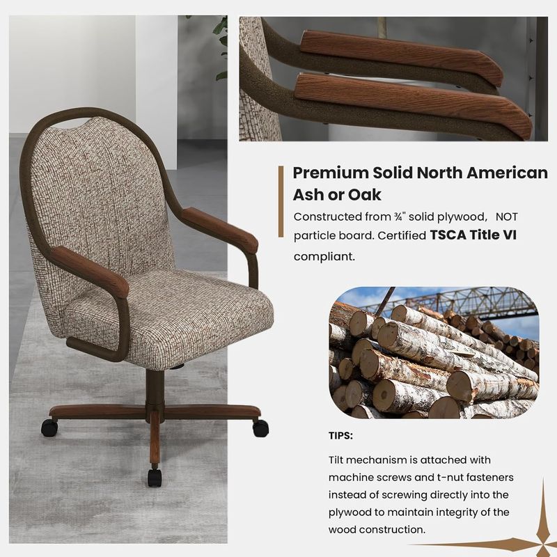 Chromcraft Douglas D7775 Casual Dining Chair Caster Swivel Tilt Fabric Dinning Chair in Walnut Wood and Texture Bronze Metal Finish (#31 Fabric)