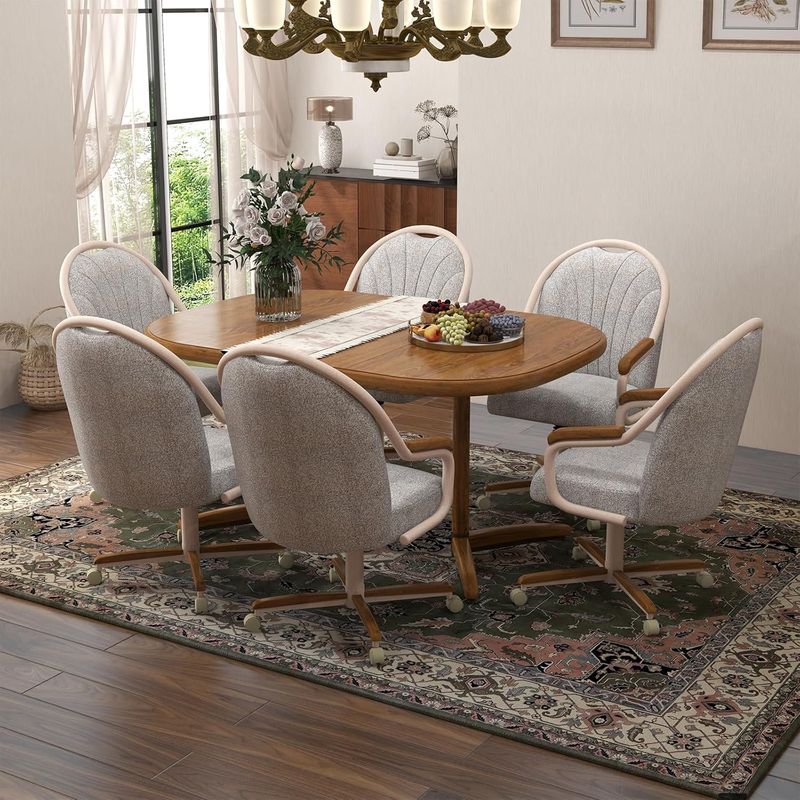 Chromcraft Douglas D7775 Casual Dining Chair Caster Swivel Tilt Fabric Dinning Chair in Chestnut Wood and Light Sand Metal Finish